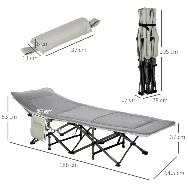 Campingbett Klappbares Feldbett mit Kopfkissen und Seitentasche, Matratze Hellgrau, belastbar bis 150kg