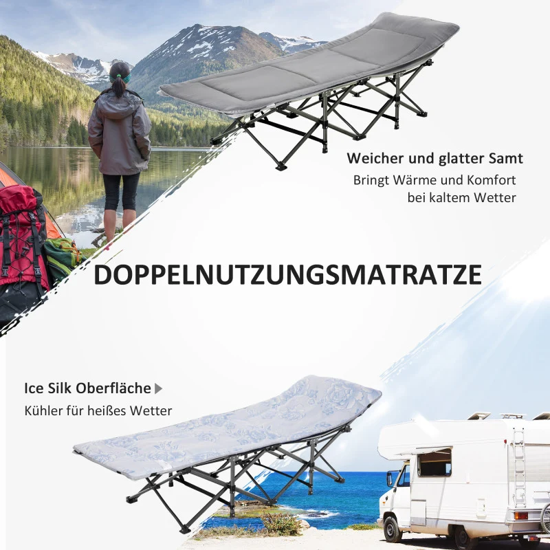 Campingbett Klappbares Feldbett mit Kopfkissen und Seitentasche, Matratze Hellgrau, belastbar bis 150kg