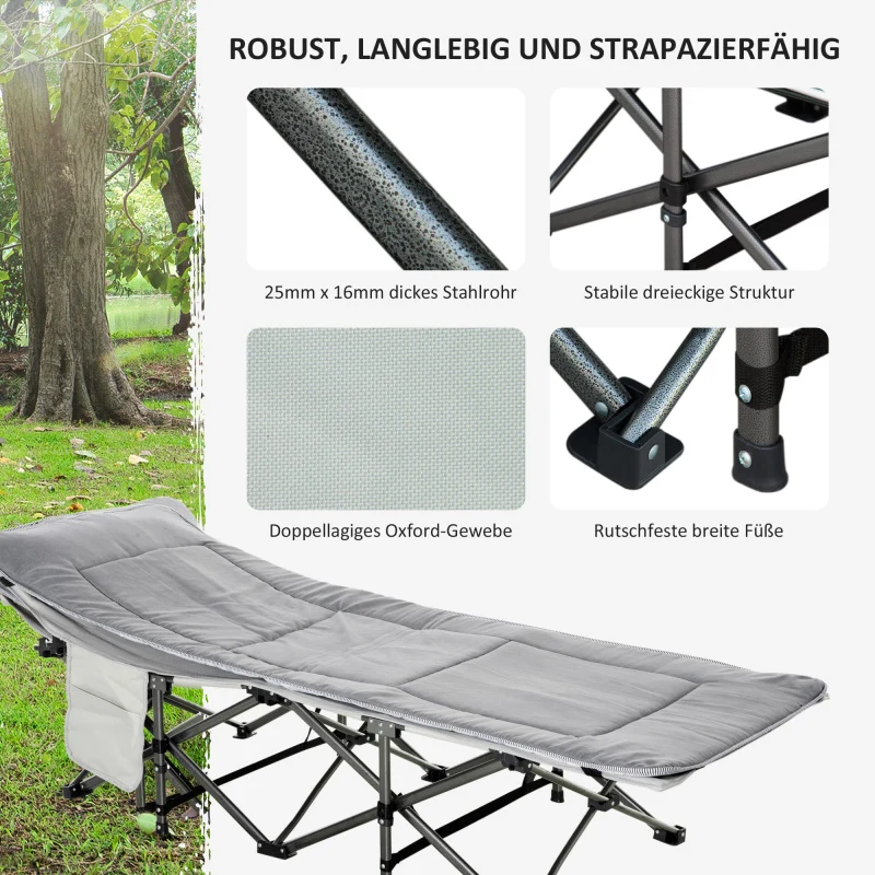 Campingbett Klappbares Feldbett mit Kopfkissen und Seitentasche, Matratze Hellgrau, belastbar bis 150kg