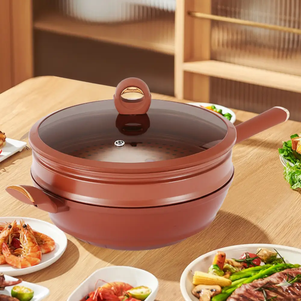 Dampfgarer-Wok aus Titanlegierung, 32 cm, mit Glasdeckel