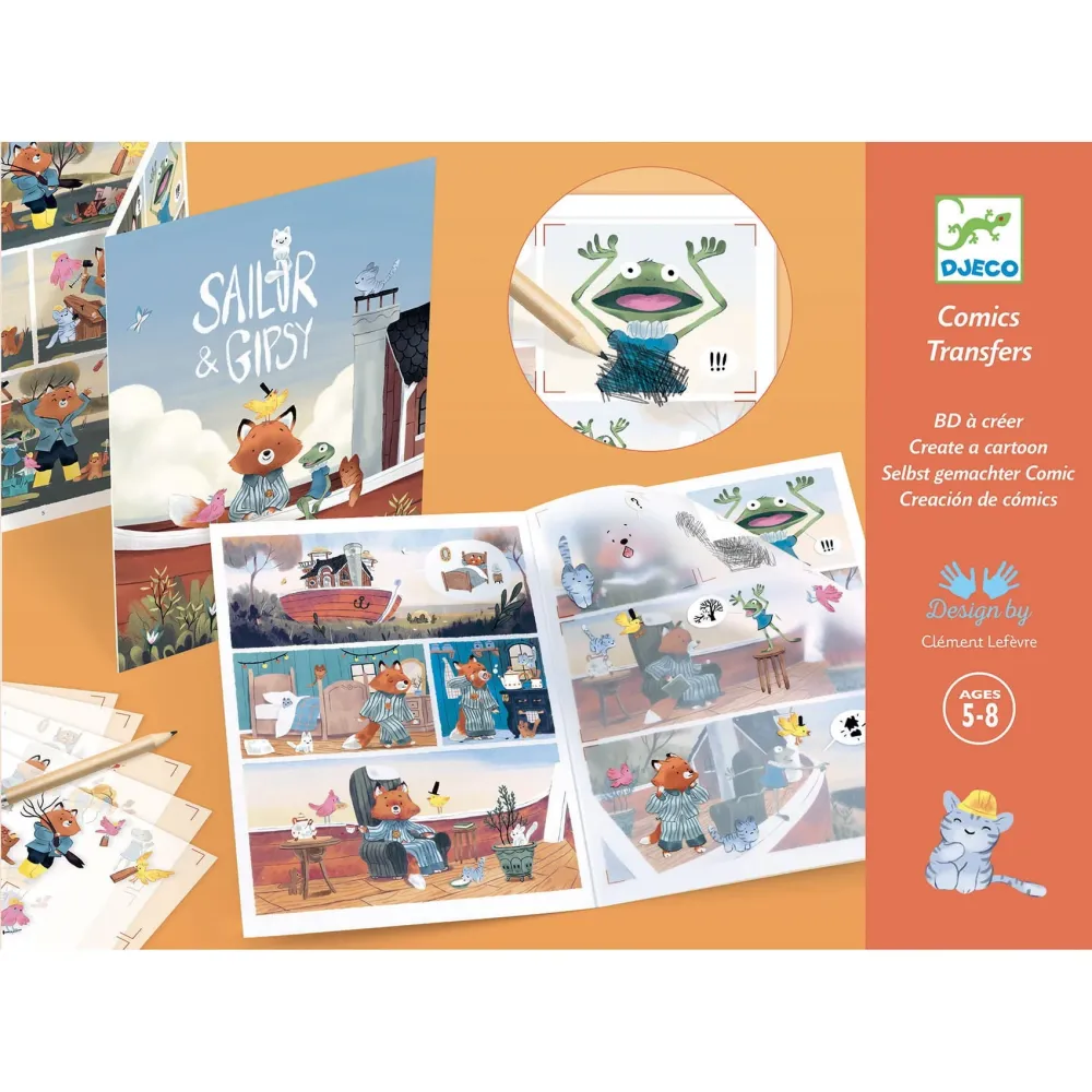 Djeco Kinder-Kunst-Set Abziehbild Comic-Buch Sailor und Gipsy