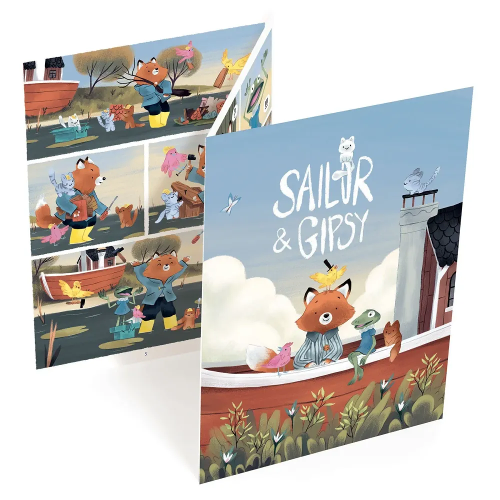 Djeco Kinder-Kunst-Set Abziehbild Comic-Buch Sailor und Gipsy