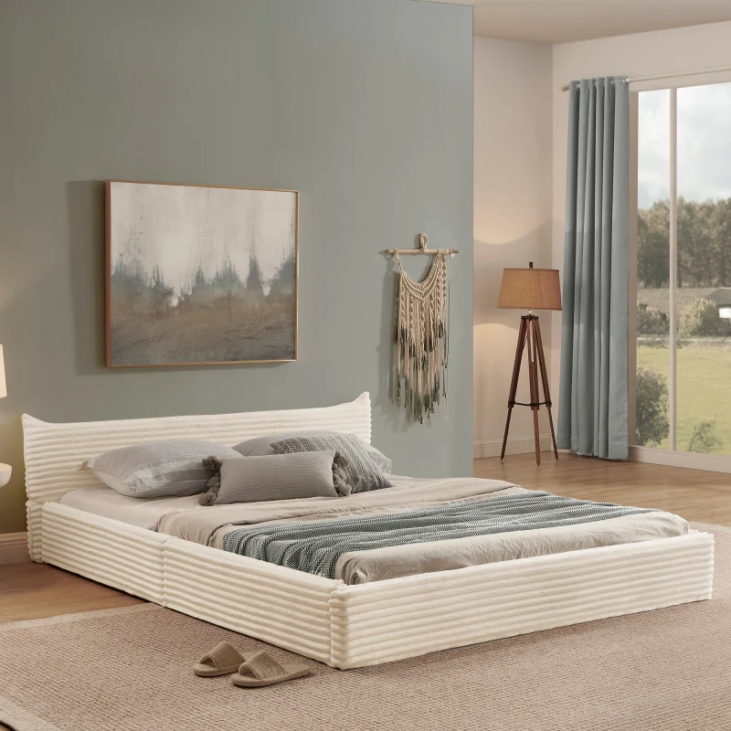 Doppelbett 140x200cm, mit Samtweichem Chenille-Bezug & Elegantem Kleinkantendesign am Kopfende, Beige (ohne Matratze)