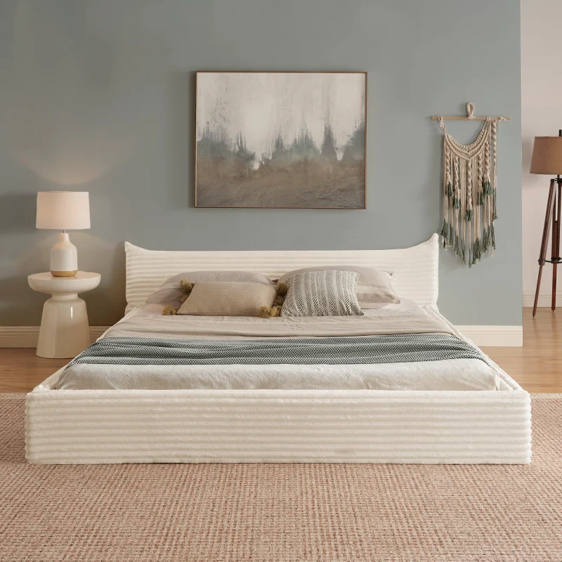 Doppelbett 140x200cm, mit Samtweichem Chenille-Bezug & Elegantem Kleinkantendesign am Kopfende, Beige (ohne Matratze)
