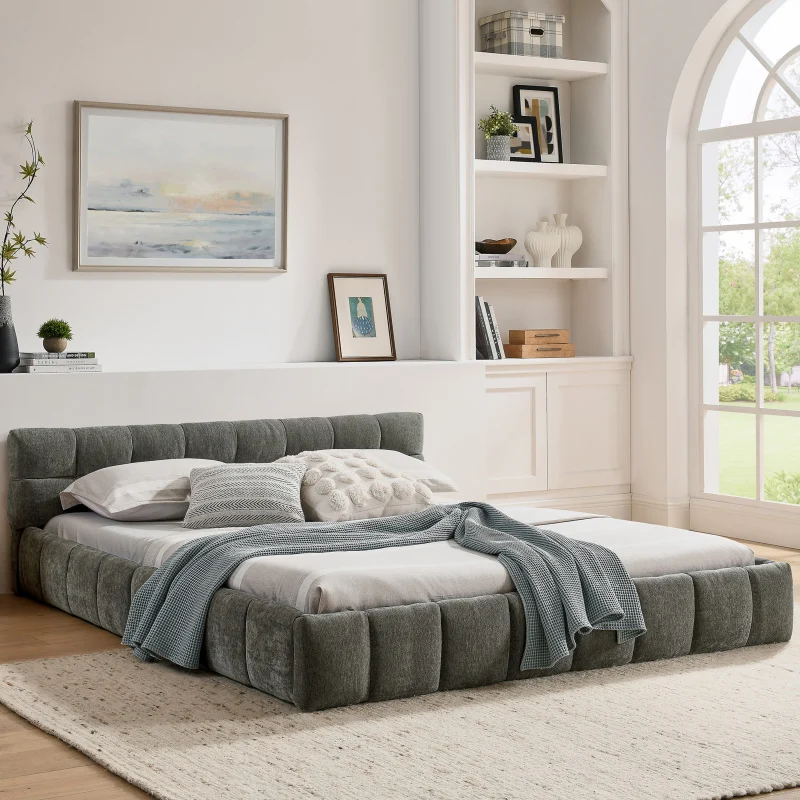 Doppelbett 160x200 cm mit Chenille Bezug Eukalyptusholz Eisenrahmen Dark Gray (ohne Matratze)