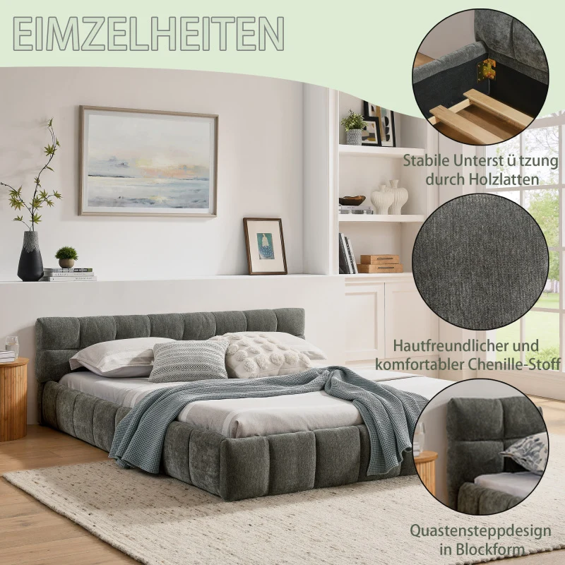 Doppelbett 160x200 cm mit Chenille Bezug Eukalyptusholz Eisenrahmen Dark Gray (ohne Matratze)