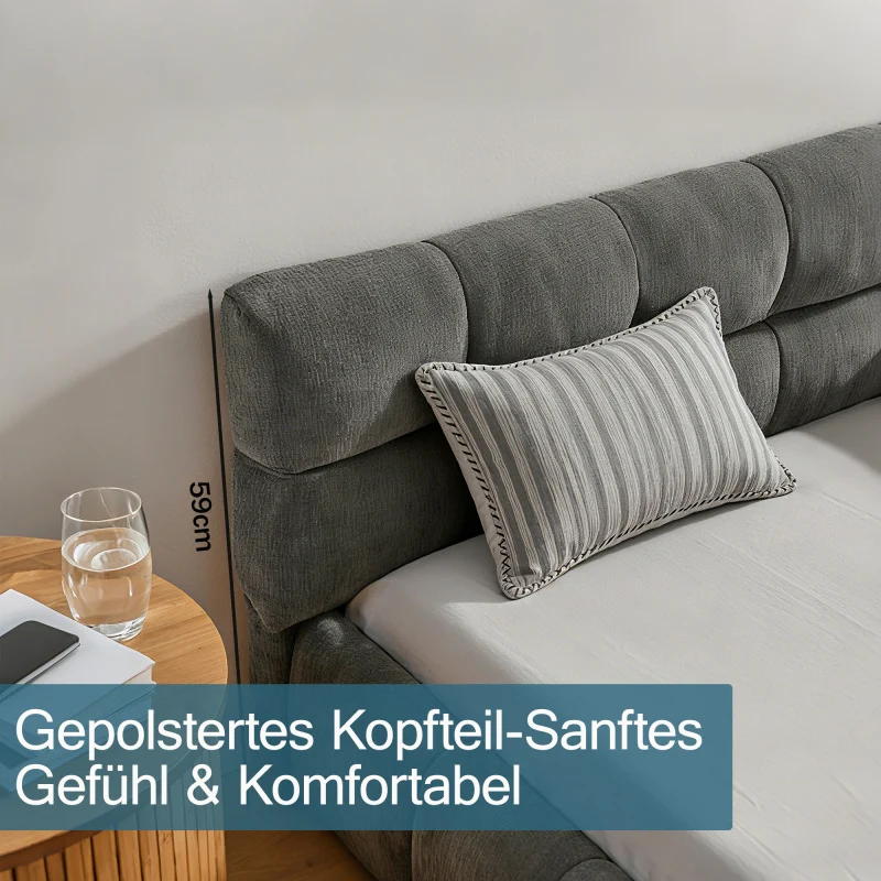 Doppelbett 160x200 cm mit Chenille Bezug Eukalyptusholz Eisenrahmen Dark Gray (ohne Matratze)