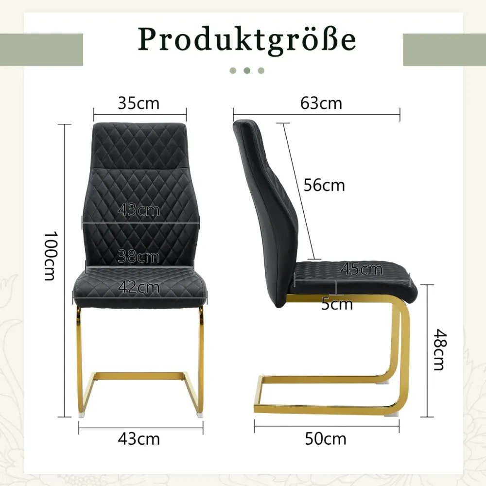 Esszimmerstuhl 2er Set Schwarz Rautenmuster Hohe Rückenlehne Komfortables Sitzpolster Goldfarbener Metallrahmen Rutschfest...