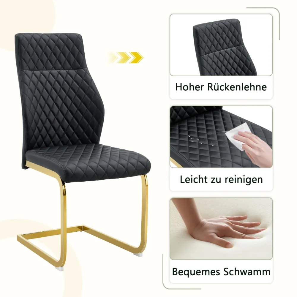 Esszimmerstuhl 2er Set Schwarz Rautenmuster Hohe Rückenlehne Komfortables Sitzpolster Goldfarbener Metallrahmen Rutschfest...