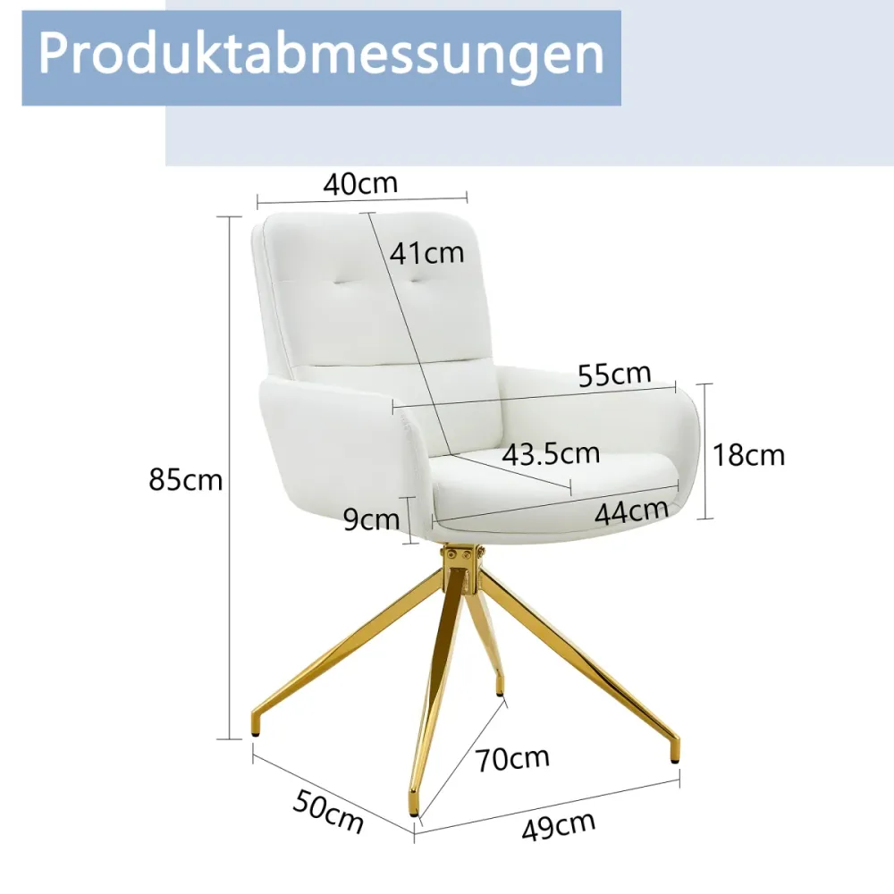 Esszimmerstuhl 2er Set Weiß PU Beschichtung 360 Grad Schalldrehend Goldfarbene Metallbeine Europäischer Leichter Luxus Dre...