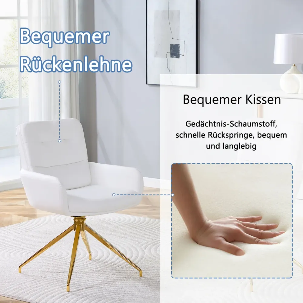 Esszimmerstuhl 2er Set Weiß PU Beschichtung 360 Grad Schalldrehend Goldfarbene Metallbeine Europäischer Leichter Luxus Dre...