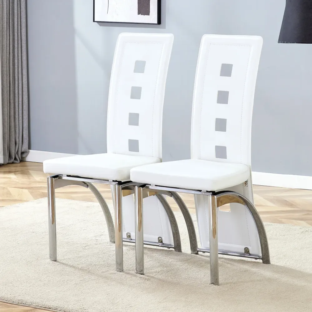 Esszimmerstuhl 2er Set Weiß PU Leder Europäisches Design mit Lochmuster Silberne Metallbeine 102,5 cm Hoch Modern für Essz...