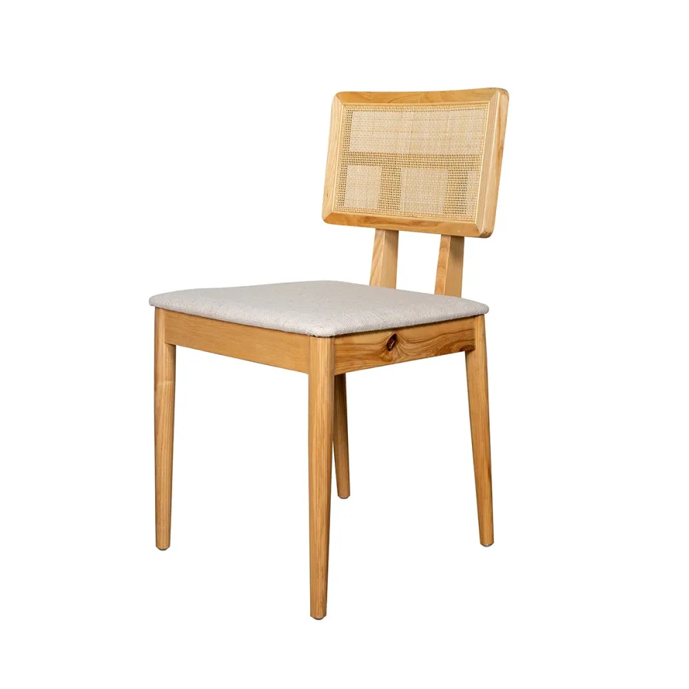 Esszimmerstuhl mit Rattan-Rücken – Charles – Eiche/natürliches Rattan – gebrochenes Weiß