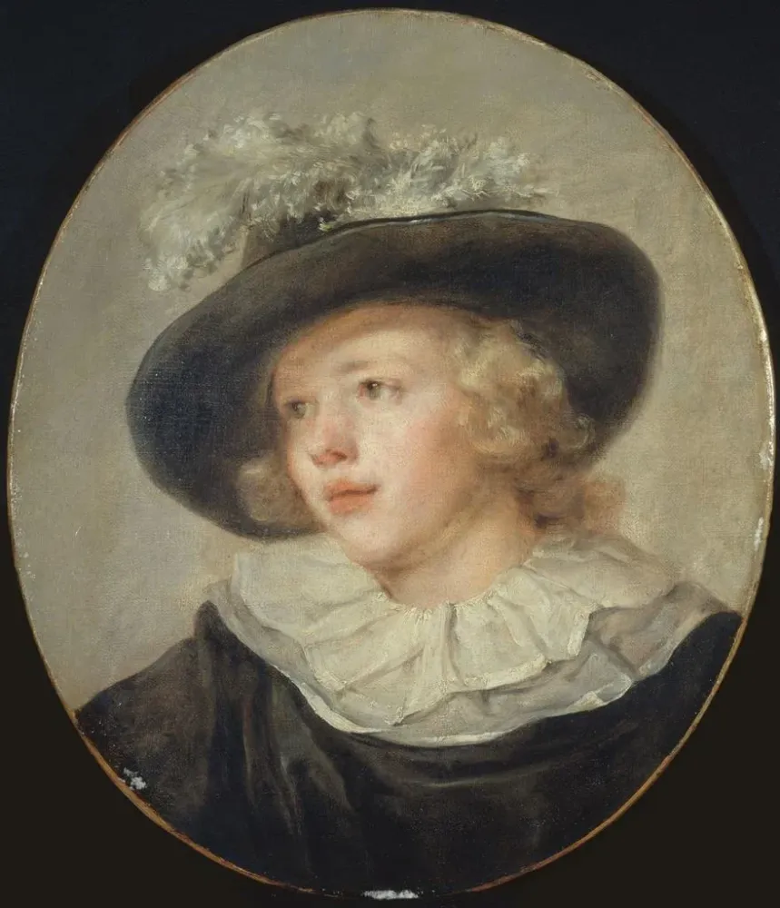 Gemälde Portrait eines jungen Jungen mit einem Federhut - Jean - Honoré Fragonard