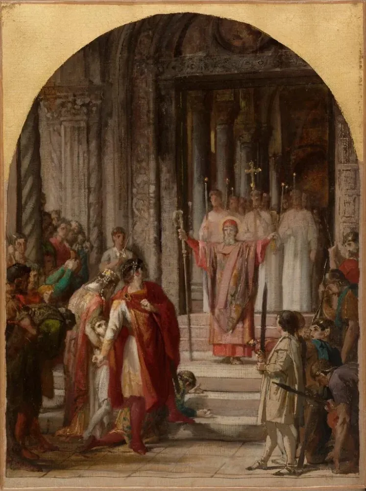 Gemälde Saint Ambroise verbietet dem Kaiser Theodosius den Zutritt zum Heiligtum, schuldig des Mordes den Einwohnern von A...