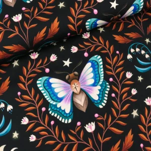 Hamburger Liebe New Cotton Satin Webware Midnight Luna Moth nepal-bunt auf Schwarz
