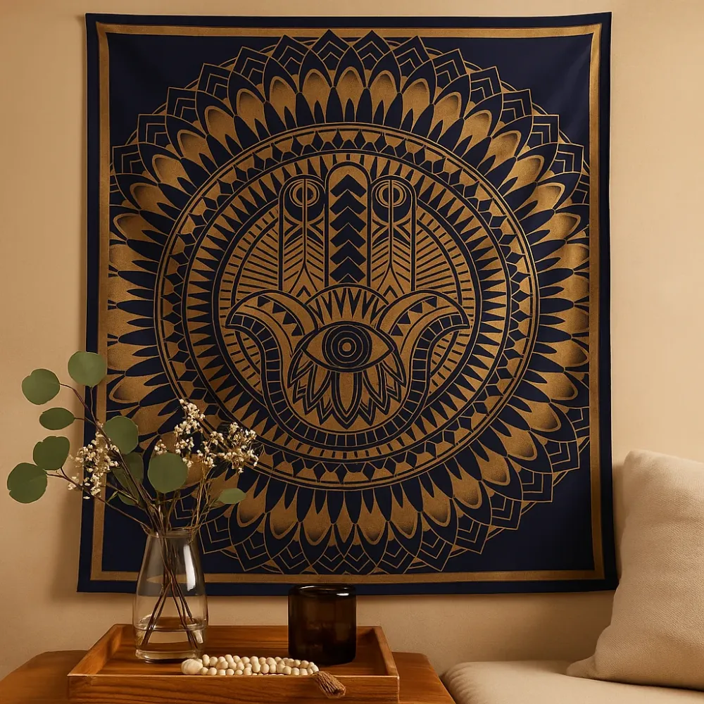 Hamsa-Hand-Wandteppich, blau-goldene Baumwoll-Tagesdecke