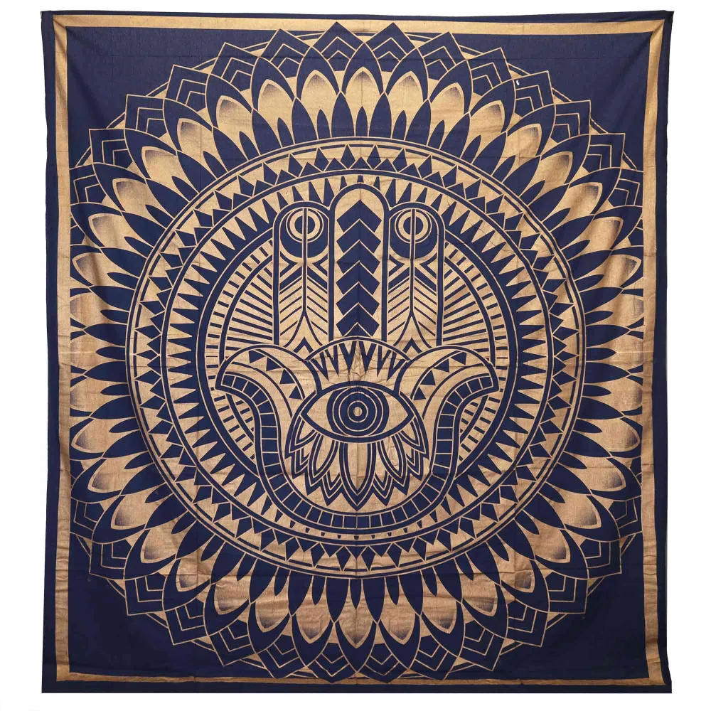 Hamsa-Hand-Wandteppich, blau-goldene Baumwoll-Tagesdecke