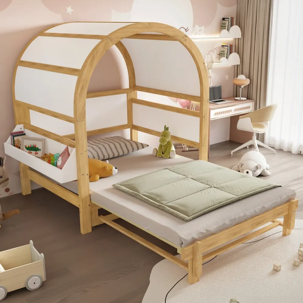 Hausbett Kinderbett 140x200 Weiß Natur mit Ausziehbett und Ablage Gewölbtes Dach Tagesbett für Gäste Kiefernholz Erweitert...