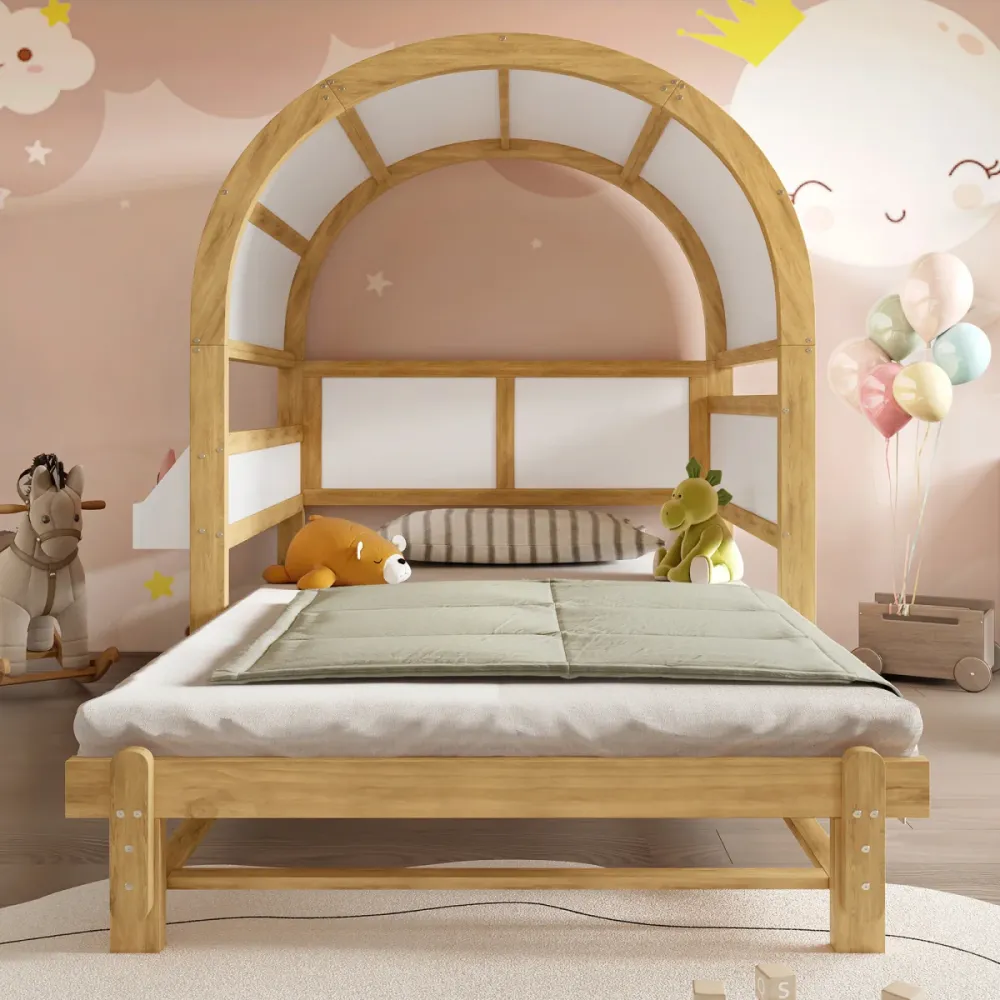 Hausbett Kinderbett 140x200 Weiß Natur mit Ausziehbett und Ablage Gewölbtes Dach Tagesbett für Gäste Kiefernholz Erweitert...