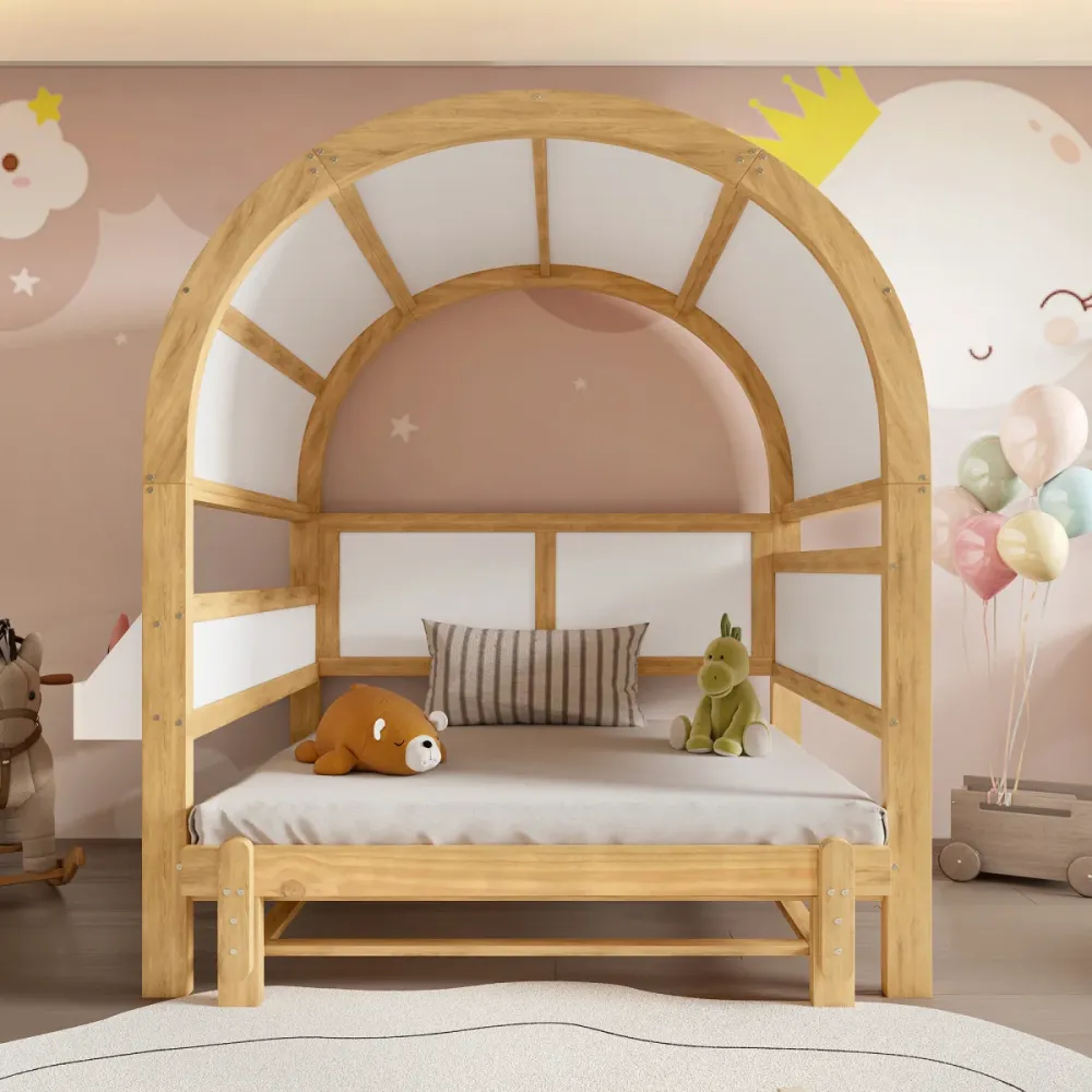 Hausbett Kinderbett 140x200 Weiß Natur mit Ausziehbett und Ablage Gewölbtes Dach Tagesbett für Gäste Kiefernholz Erweitert...