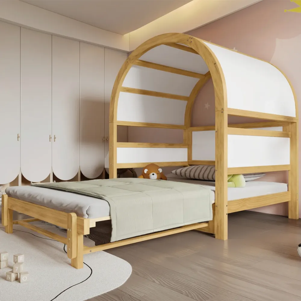 Hausbett Kinderbett 140x200 Weiß Natur mit Ausziehbett und Ablage Gewölbtes Dach Tagesbett für Gäste Kiefernholz Erweitert...
