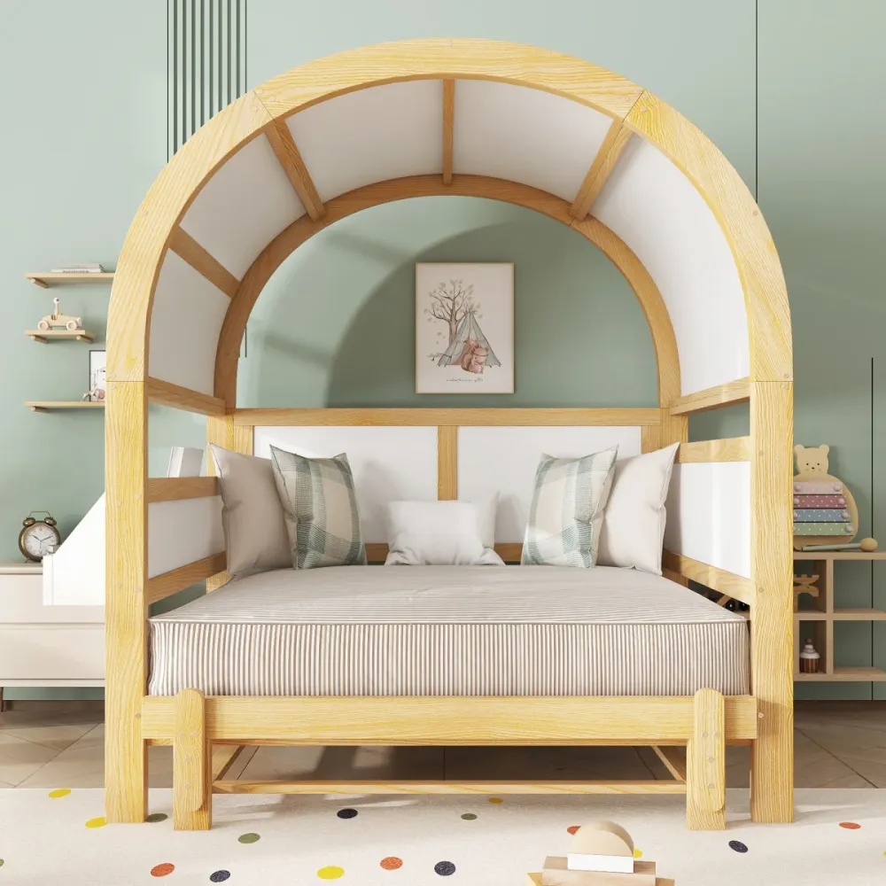Hausbett Kinderbett 140x200 Weiß Natur mit Ausziehbett und Ablage Gewölbtes Dach Tagesbett für Gäste Kiefernholz Erweitert...