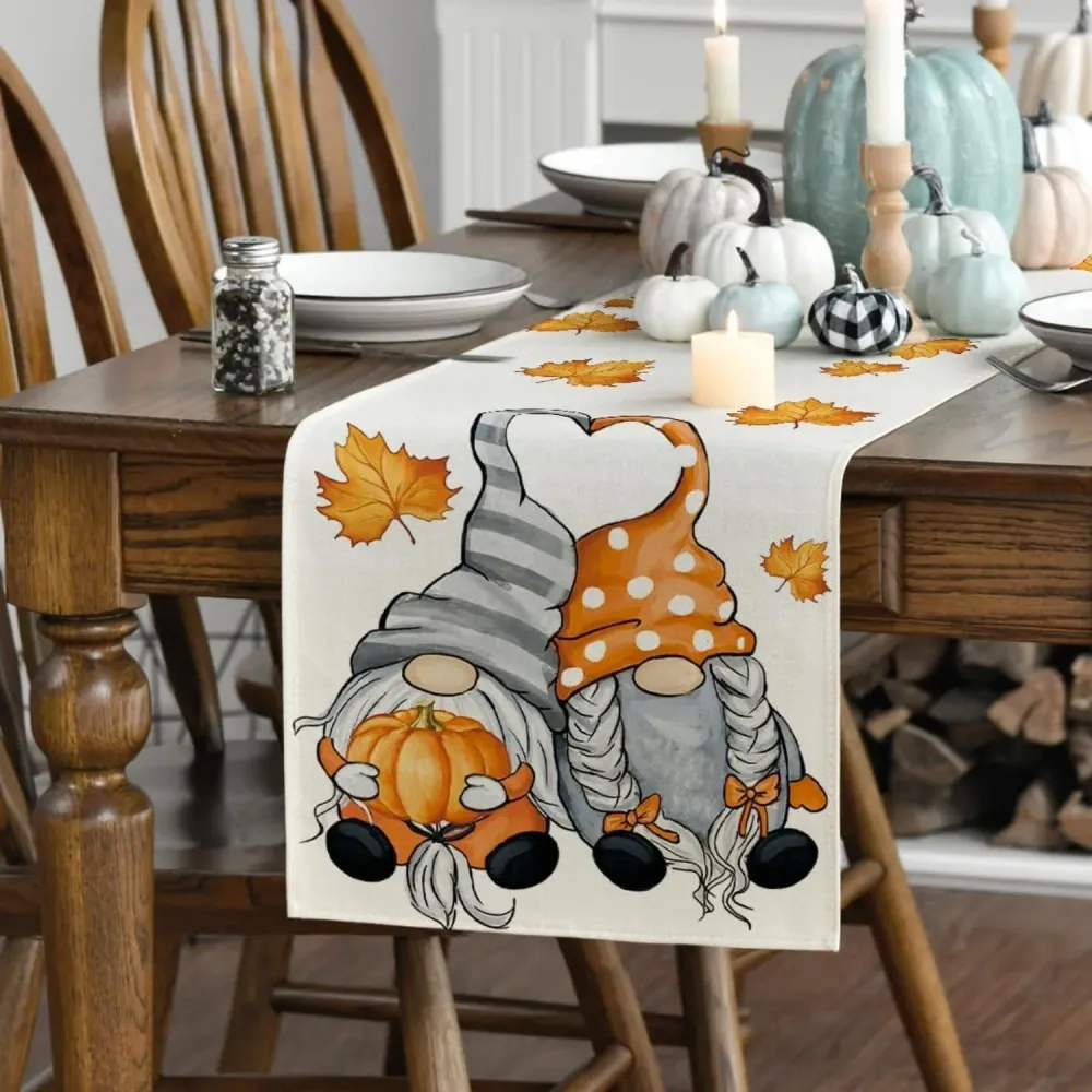 Herbst Tischläufer Kürbisse Ahornblätter 40x140 cm Beige