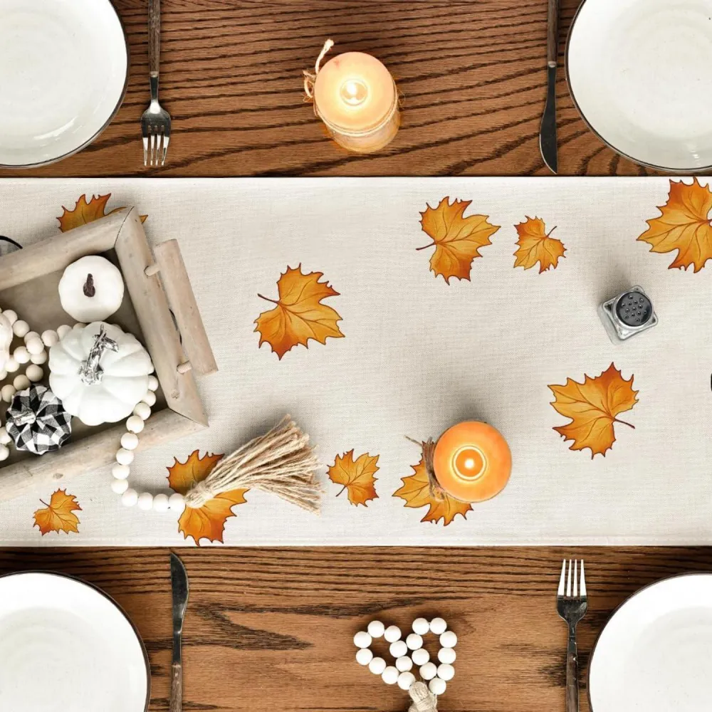 Herbst Tischläufer Kürbisse Ahornblätter 40x140 cm Beige
