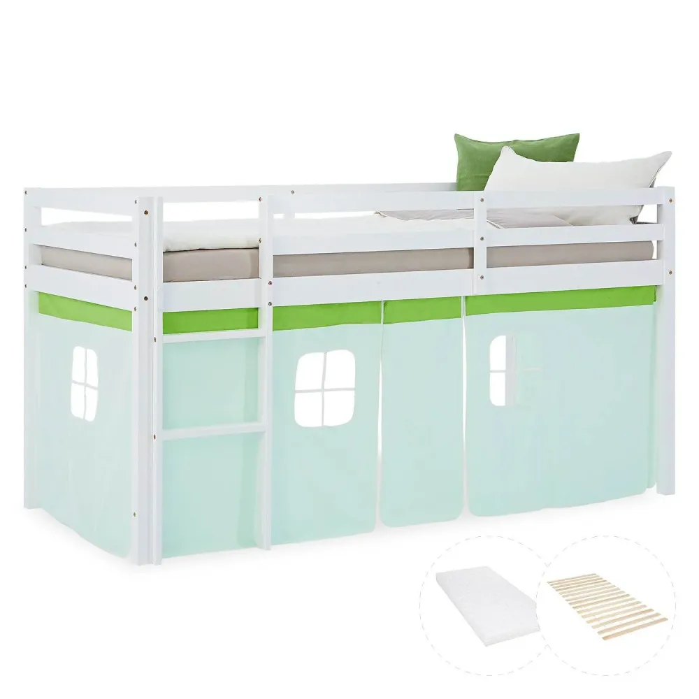 Hochbett Kinder 90x200 cm Weiss mit Vorhang Grün | mit Lattenrost und Matratze
