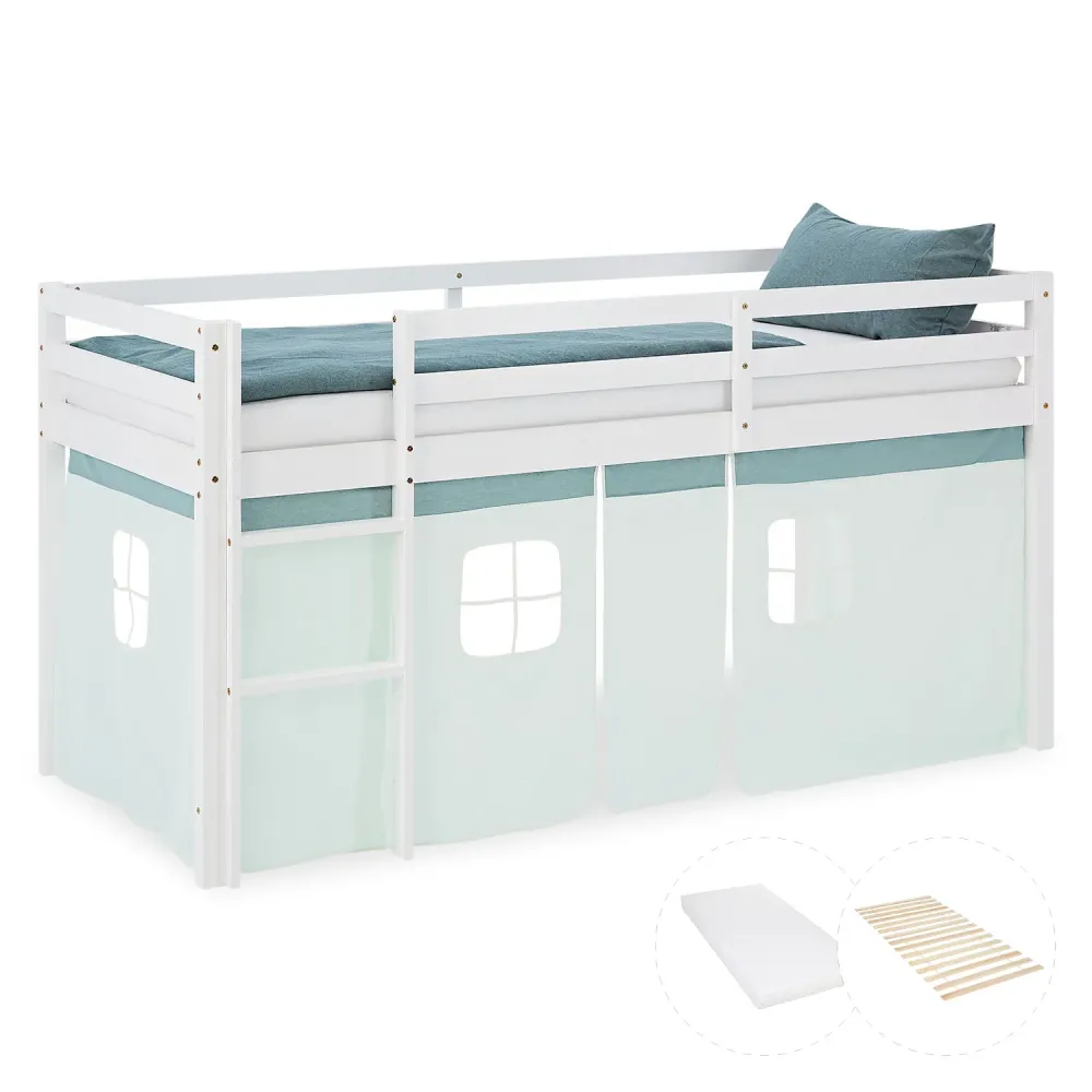 Hochbett Kinder 90x200 cm Weiss mit Vorhang Mintgrün | mit Lattenrost und Matratze