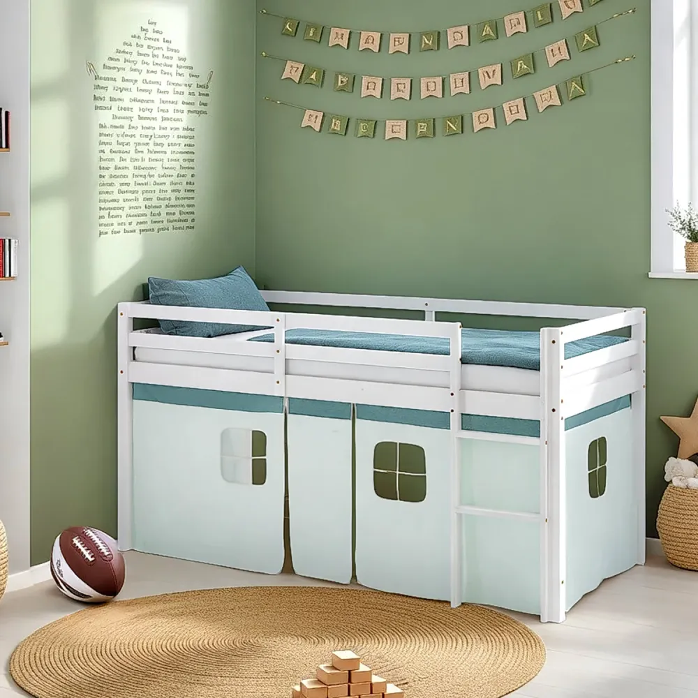 Hochbett Kinder 90x200 cm Weiss mit Vorhang Mintgrün | mit Lattenrost und Matratze