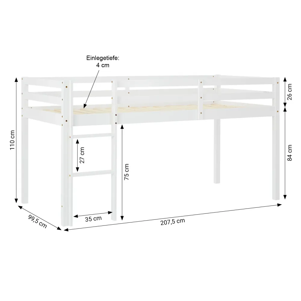 Hochbett Kinder 90x200 cm Weiss mit Vorhang Mintgrün | mit Lattenrost und Matratze