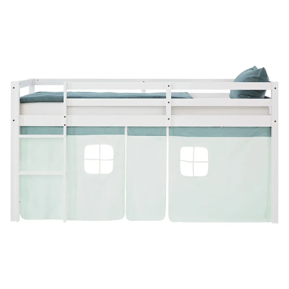 Hochbett Kinder 90x200 cm Weiss mit Vorhang Mintgrün | mit Lattenrost und Matratze