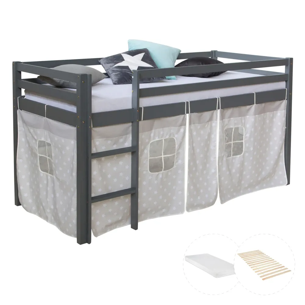 Hochbett mit Matratze 90x200 cm Grau Leiter Vorhang Sterne Jugendbett Lattenrost