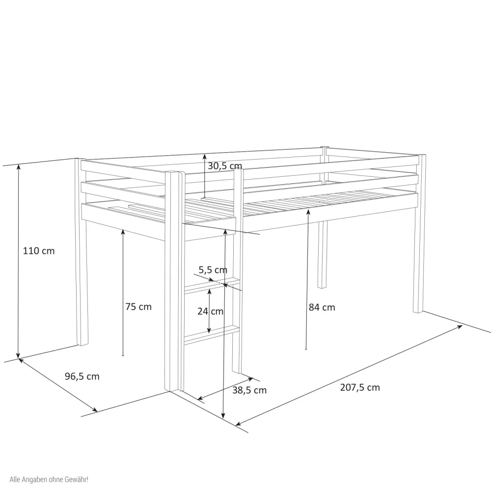 Hochbett mit Matratze 90x200 cm Grau Leiter Vorhang Sterne Jugendbett Lattenrost