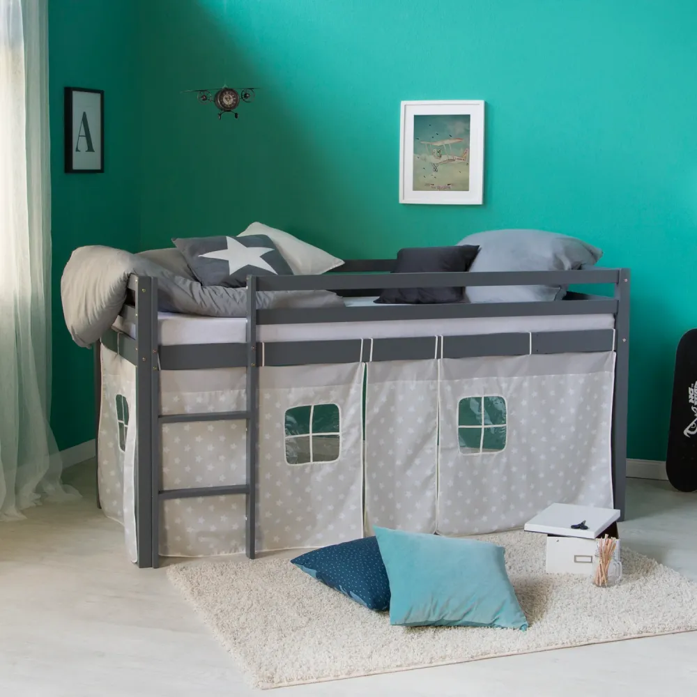 Hochbett mit Matratze 90x200 cm Grau Leiter Vorhang Sterne Jugendbett Lattenrost