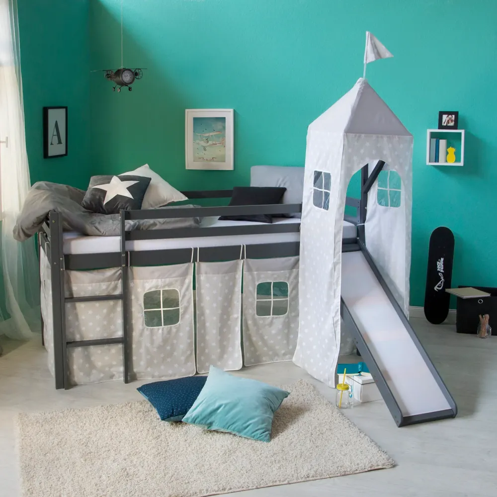Hochbett mit Matratze 90x200 Turm Rutsche Grau Vorhang Sterne Lattenrost