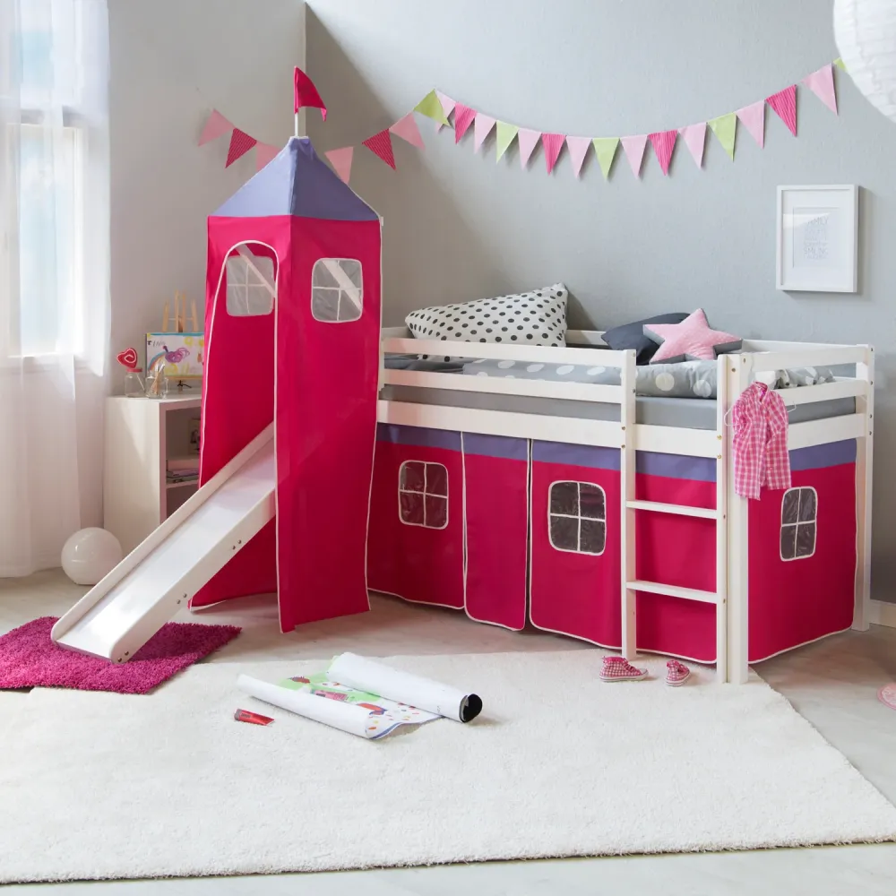 Hochbett mit Matratze 90x200 cm Turm Rutsche Leiter Holz Kiefer Vorhang pink Lattenrost