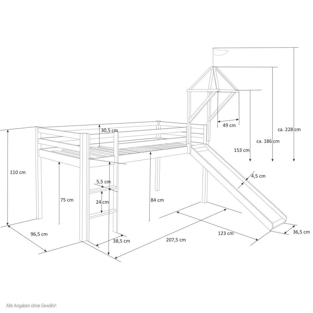 Hochbett mit Matratze 90x200 cm Turm Rutsche Leiter Holz Kiefer Vorhang pink Lattenrost