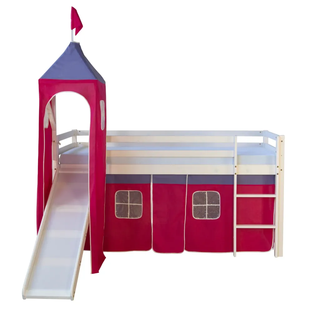 Hochbett mit Matratze 90x200 cm Turm Rutsche Leiter Holz Kiefer Vorhang pink Lattenrost