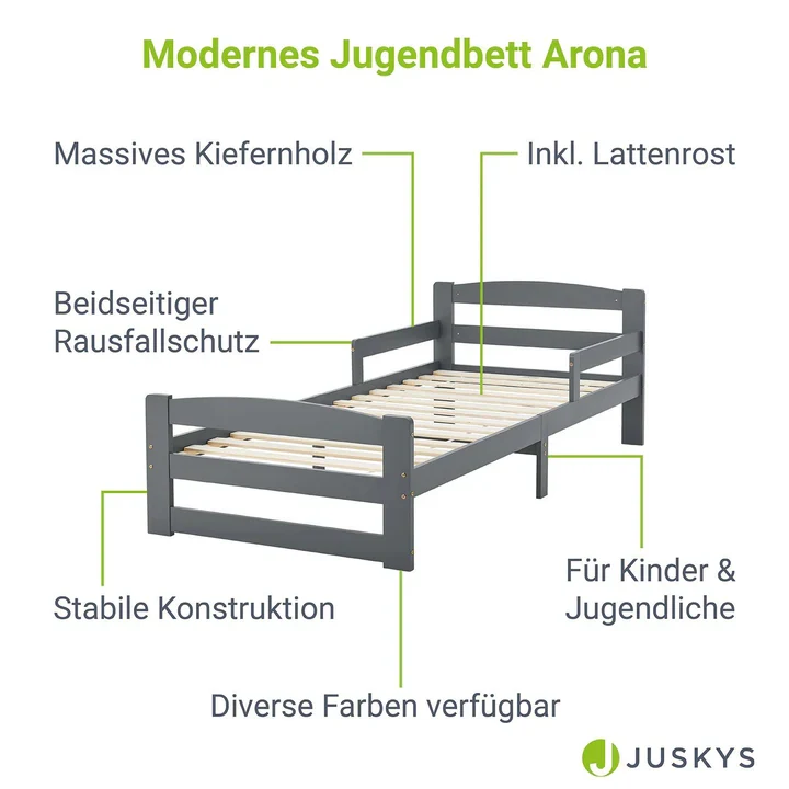 Jugendbett 90 x 200 cm Holzbett Arona mit Lattenrost Grau