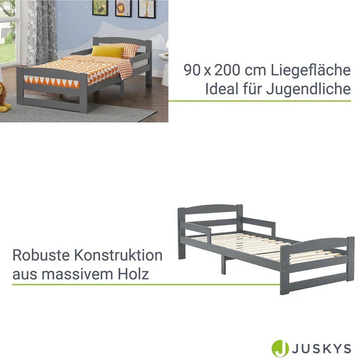 Jugendbett 90 x 200 cm Holzbett Arona mit Lattenrost Grau