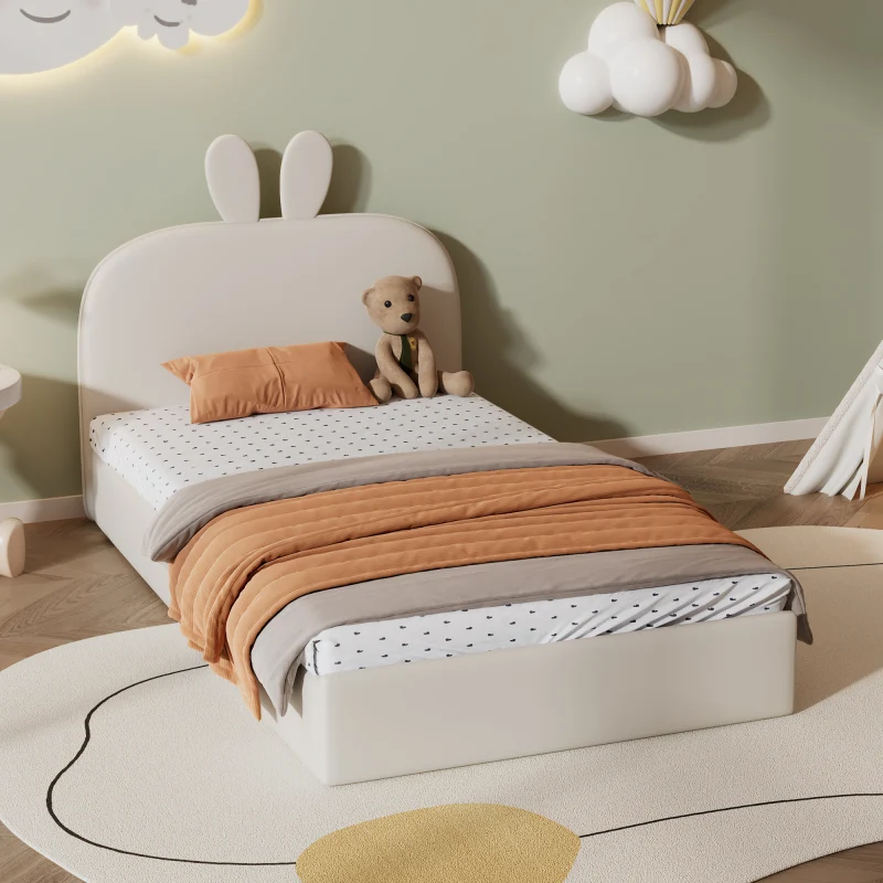 Kaninchen Kopfteil Polsterbett, Kinderbett mit Holzlatten, Einzelbett, Samt, Beige, 90x200cm