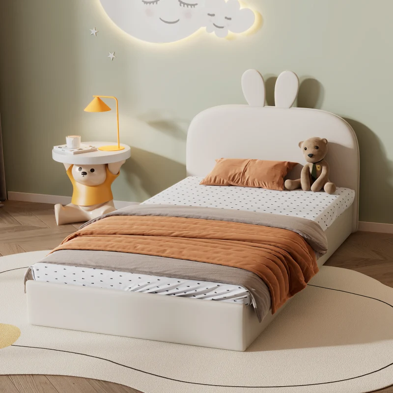 Kaninchen Kopfteil Polsterbett, Kinderbett mit Holzlatten, Einzelbett, Samt, Beige, 90x200cm