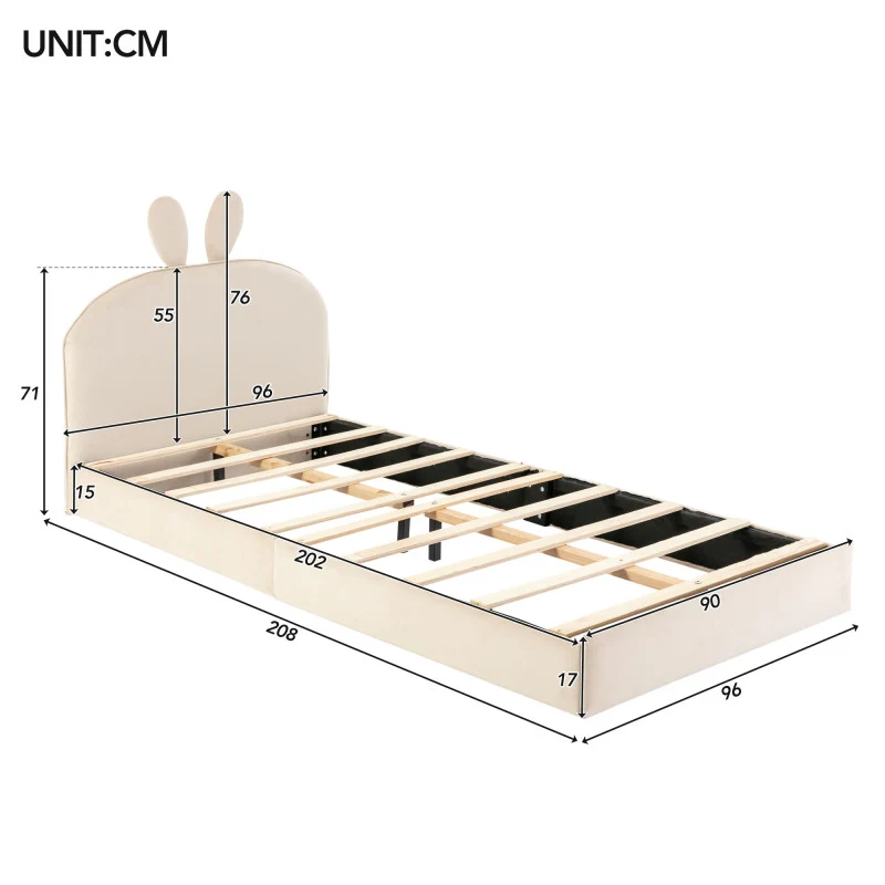 Kaninchen Kopfteil Polsterbett, Kinderbett mit Holzlatten, Einzelbett, Samt, Beige, 90x200cm