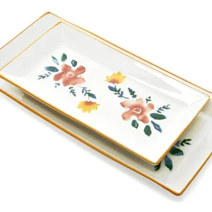 2x Keramikteller eckig, Servierplatte bunt Blütenfest 28x15 cm, Salatteller tief 38x18 cm