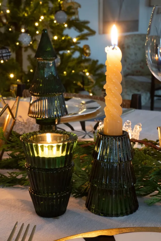 Kerzenhalter aus Glas im grünen Baum-Design