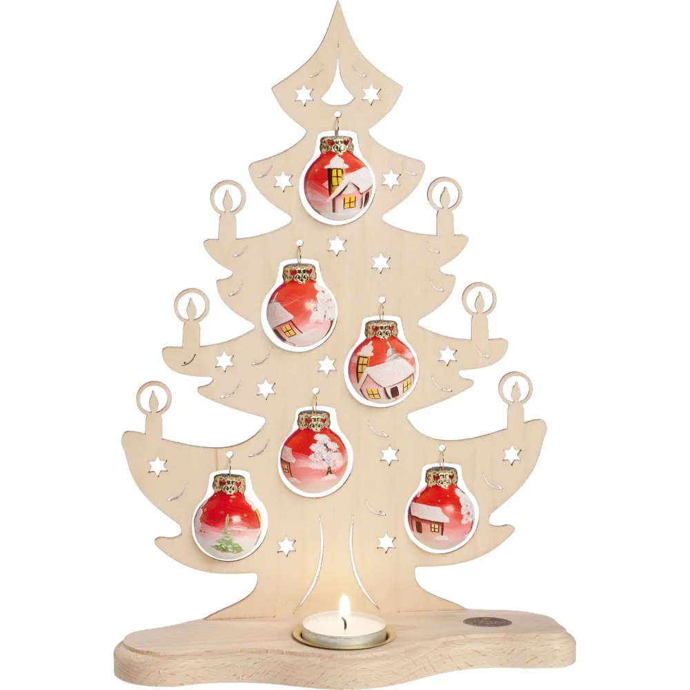 Kerzenhalter "Tannenbaum" mit roten handbemalten Glaskugeln, für 1 Teelicht, 30,5 cm