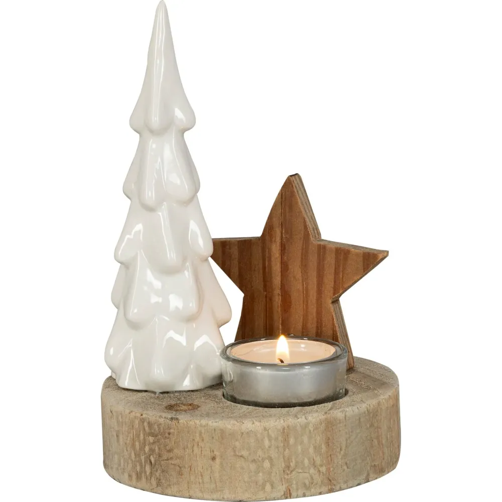 Kerzenhalter für 1 Teelicht "Baum mit Stern" auf Holzsockel, 18 cm